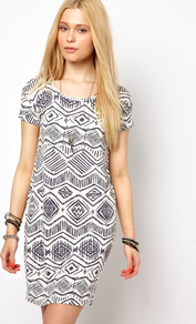 Aztec Mono T Shirt Dress - style: t-shirt; length: mid thigh; neckline: round neck; secondary colour: white; predominant colour: charcoal; occasions: casual, holiday; fit: straight cut; fibres: viscose/rayon - stretch; sleeve length: short sleeve; sleeve style: standard; pattern type: fabric; pattern size: standard; pattern: patterned/print; texture group: jersey - stretchy/drapey