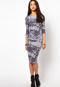 Tie Dye Column Dress - neckline: slash/boat neckline; fit: tight; style: bodycon; pattern: tie dye; predominant colour: mid grey; secondary colour: light grey; occasions: casual, evening; length: on the knee; fibres: viscose/rayon - stretch; sleeve length: 3/4 length; sleeve style: standard; texture group: jersey - clingy; pattern type: fabric; pattern size: big & busy