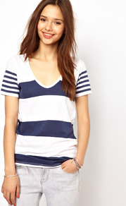 Multi Stripe Tee - neckline: low v-neck; pattern: horizontal stripes; length: below the bottom; style: t-shirt; secondary colour: white; predominant colour: navy; occasions: casual, holiday; fibres: cotton - 100%; fit: loose; sleeve length: short sleeve; sleeve style: standard; pattern type: fabric; pattern size: standard; texture group: jersey - stretchy/drapey
