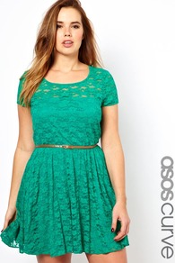 Curve Lace Skater Dress With Belt - length: mid thigh; neckline: round neck; pattern: plain; waist detail: belted waist/tie at waist/drawstring; predominant colour: emerald green; occasions: casual, evening, occasion; fit: fitted at waist & bust; style: fit & flare; fibres: nylon - mix; sleeve length: short sleeve; sleeve style: standard; texture group: lace; pattern type: fabric; pattern size: standard