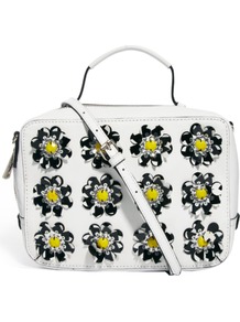 Leather Across Body Bag With Flower Embellishment - predominant colour: white; secondary colour: yellow; occasions: casual; type of pattern: heavy; style: messenger; length: across body/long; size: standard; material: leather; embellishment: applique; pattern: florals; trends: high impact florals; finish: plain