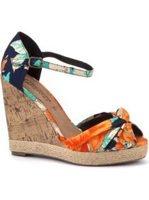 Navy Tropical Floral Print Peeptoe Cork Wedges - predominant colour: navy; secondary colour: bright orange; occasions: casual, evening, work, occasion, holiday; material: fabric; heel height: high; ankle detail: ankle strap; heel: wedge; toe: open toe/peeptoe; style: standard; trends: high impact florals; finish: plain; pattern: florals