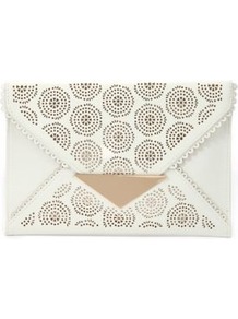 White Cut Out Envelope Clutch - predominant colour: white; occasions: evening, holiday; type of pattern: large; style: clutch; length: hand carry; size: standard; material: faux leather; finish: plain; pattern: patterned/print