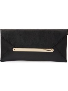 Black And Gold Envelope Clutch - predominant colour: black; occasions: evening, occasion; type of pattern: standard; style: clutch; length: hand carry; size: small; material: faux leather; pattern: plain; finish: plain; embellishment: chain/metal
