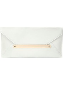 White And Gold Envelope Clutch - predominant colour: white; occasions: evening, occasion; type of pattern: standard; style: clutch; length: hand carry; size: small; material: faux leather; pattern: plain; finish: plain; embellishment: chain/metal