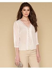 Clairey Embellished Top - neckline: v-neck; pattern: plain; bust detail: added detail/embellishment at bust; style: blouse; predominant colour: white; secondary colour: gold; occasions: casual, evening, occasion; length: standard; fibres: viscose/rayon - 100%; fit: body skimming; sleeve length: 3/4 length; sleeve style: standard; texture group: sheer fabrics/chiffon/organza etc.; pattern type: fabric; embellishment: embroidered