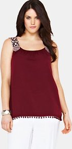 Embroidered Strap Woven Cami, Linen - sleeve style: wide vest straps; pattern: plain; shoulder detail: contrast pattern/fabric at shoulder; predominant colour: burgundy; occasions: casual, evening, holiday; length: standard; style: top; neckline: scoop; fibres: polyester/polyamide - 100%; fit: loose; sleeve length: sleeveless; texture group: crepes; pattern type: fabric; embellishment: beading