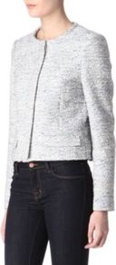 Boucl Jacket - pattern: plain; collar: round collar/collarless; style: boxy; secondary colour: navy; predominant colour: light grey; occasions: casual, occasion; length: standard; fit: straight cut (boxy); fibres: cotton - mix; sleeve length: long sleeve; sleeve style: standard; collar break: high; pattern type: fabric; texture group: tweed - light/midweight