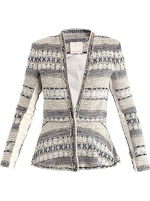 Basketweave Tweed Chain Trim Jacket - style: single breasted blazer; collar: standard lapel/rever collar; secondary colour: mid grey; predominant colour: light grey; occasions: casual, occasion; length: standard; fit: tailored/fitted; fibres: cotton - mix; sleeve length: long sleeve; sleeve style: standard; collar break: medium; pattern type: fabric; pattern size: standard; pattern: patterned/print; texture group: tweed - bulky/heavy
