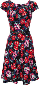 Navy Floral Dress - neckline: round neck; waist detail: belted waist/tie at waist/drawstring; secondary colour: navy; occasions: evening, occasion; length: on the knee; fit: fitted at waist & bust; style: fit & flare; fibres: viscose/rayon - 100%; predominant colour: multicoloured; sleeve length: short sleeve; sleeve style: standard; pattern type: fabric; pattern size: standard; pattern: florals; texture group: other - light to midweight