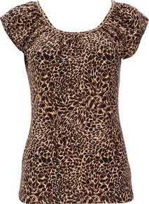 Animal Print Cap Sleeve Top - sleeve style: capped; style: t-shirt; predominant colour: chocolate brown; secondary colour: camel; occasions: casual, holiday; length: standard; neckline: scoop; fibres: cotton - stretch; fit: body skimming; sleeve length: short sleeve; pattern type: fabric; pattern size: standard; pattern: animal print; texture group: jersey - stretchy/drapey
