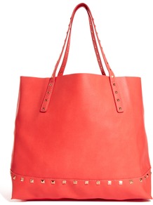 Easy Slouchy Stud Tote Bag - predominant colour: coral; occasions: casual; style: tote; length: handle; size: small; material: leather; embellishment: studs; pattern: plain; finish: plain