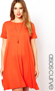 Curve Swing Dress With Short Sleeve - style: a-line; neckline: round neck; fit: loose; pattern: plain; predominant colour: coral; occasions: casual, evening; length: just above the knee; fibres: polyester/polyamide - stretch; sleeve length: short sleeve; sleeve style: standard; trends: fluorescent; pattern type: fabric; pattern size: standard; texture group: jersey - stretchy/drapey