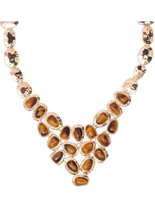 Tiger Eye Organic Bib Necklace - predominant colour: gold; occasions: evening, work, occasion; style: bib; length: mid; size: standard; material: chain/metal; finish: metallic; embellishment: jewels