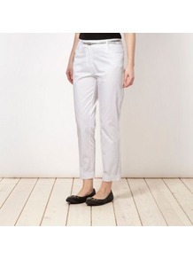 Designer White Belted Cropped Chinos - pattern: plain; waist detail: belted waist/tie at waist/drawstring; waist: mid/regular rise; predominant colour: white; occasions: casual, holiday; length: ankle length; style: chino; fibres: cotton - stretch; jeans & bottoms detail: turn ups; texture group: cotton feel fabrics; fit: straight leg; pattern type: fabric