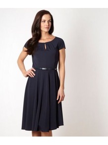 Designer Navy Keyhole Jersey Dress - neckline: round neck; sleeve style: capped; pattern: plain; waist detail: belted waist/tie at waist/drawstring; predominant colour: navy; occasions: evening, work; length: on the knee; fit: fitted at waist & bust; style: fit & flare; fibres: polyester/polyamide - 100%; hip detail: structured pleats at hip; sleeve length: short sleeve; pattern type: fabric; pattern size: standard; texture group: jersey - stretchy/drapey