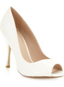 Designer White Asymmetric Patent High Court Shoes - predominant colour: white; occasions: evening, work, occasion; material: faux leather; heel height: high; heel: stiletto; toe: open toe/peeptoe; style: courts; finish: patent; pattern: plain