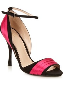 Designer Bright Pink Satin High Sandals - predominant colour: hot pink; occasions: evening, occasion; material: satin; heel height: high; ankle detail: ankle strap; heel: stiletto; toe: open toe/peeptoe; style: standard; finish: plain; pattern: plain