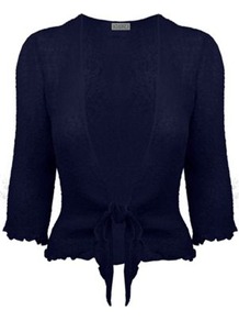 3/4 Sleeve Tie Front Shrug - pattern: plain; style: bolero/shrug; length: cropped; neckline: collarless open; predominant colour: navy; occasions: evening, work, occasion; fibres: viscose/rayon - 100%; fit: slim fit; sleeve length: 3/4 length; sleeve style: standard; pattern type: knitted - fine stitch; pattern size: standard; texture group: jersey - stretchy/drapey