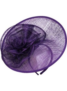 Wavy Flower Saucer - predominant colour: purple; occasions: evening, occasion; type of pattern: standard; style: fascinator; size: standard; material: macrame/raffia/straw; pattern: plain; embellishment: corsage