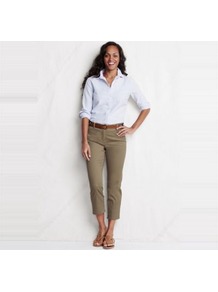 Beige Womens Stretch Cropped Chinos - pattern: plain; pocket detail: small back pockets, pockets at the sides; waist detail: belted waist/tie at waist/drawstring; waist: mid/regular rise; predominant colour: khaki; occasions: casual, holiday; length: calf length; style: chino; fibres: cotton - stretch; texture group: cotton feel fabrics; fit: slim leg; pattern type: fabric