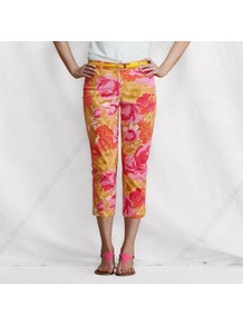 Multi Womens Patterned Stretch Cropped Chinos - waist detail: fitted waist; pocket detail: small back pockets; hip detail: front pockets at hip; waist: mid/regular rise; secondary colour: yellow; occasions: casual, evening, work, holiday; length: calf length; style: chino; fibres: cotton - stretch; predominant colour: multicoloured; texture group: cotton feel fabrics; trends: high impact florals; fit: straight leg; pattern type: fabric; pattern size: big & busy; pattern: florals