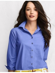 Blue Womens Three Quarter Sleeve Supima Non Iron Shirt - neckline: shirt collar/peter pan/zip with opening; pattern: plain; style: shirt; predominant colour: indigo; occasions: casual, work; length: standard; fibres: cotton - 100%; fit: body skimming; sleeve length: 3/4 length; sleeve style: standard; texture group: cotton feel fabrics; pattern type: fabric; pattern size: standard