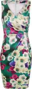 Absinthe Floral Print Dress, Green - style: shift; neckline: low v-neck; fit: tailored/fitted; sleeve style: sleeveless; bust detail: ruching/gathering/draping/layers/pintuck pleats at bust; secondary colour: primrose yellow; occasions: evening, occasion; length: just above the knee; fibres: polyester/polyamide - stretch; predominant colour: multicoloured; sleeve length: sleeveless; texture group: structured shiny - satin/tafetta/silk etc.; trends: high impact florals; pattern type: fabric; pattern size: big & busy; pattern: florals