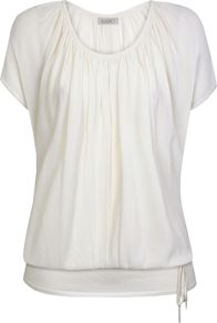 Gathered Neck Knitted Jumper, Cream - neckline: scoop neck; pattern: plain; style: standard; hip detail: fitted at hip; bust detail: ruching/gathering/draping/layers/pintuck pleats at bust; predominant colour: ivory; occasions: casual, work; length: standard; fibres: viscose/rayon - stretch; fit: standard fit; sleeve length: short sleeve; sleeve style: standard; texture group: knits/crochet; pattern type: knitted - fine stitch