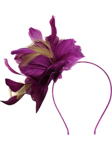 Feather Fascinator, Purple - predominant colour: purple; secondary colour: khaki; occasions: occasion; type of pattern: light; style: fascinator; size: small; material: fabric; embellishment: feather; pattern: colourblock