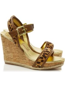Leopard Print Wedges Multi - predominant colour: tan; occasions: casual, holiday; material: faux leather; heel height: high; embellishment: studs; ankle detail: ankle strap; heel: wedge; toe: open toe/peeptoe; style: standard; finish: plain; pattern: animal print
