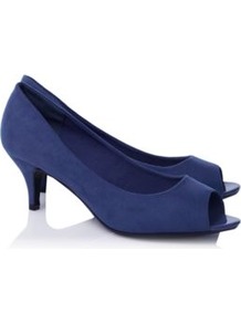 Suedette Peep Toe Shoes Navy - predominant colour: navy; occasions: casual, evening, work, occasion; material: fabric; heel height: mid; heel: kitten; toe: open toe/peeptoe; style: courts; finish: plain; pattern: plain