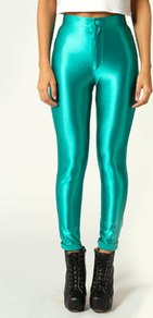 Samantha High Rise Disco Pants - pattern: plain; style: leggings; waist: high rise; predominant colour: emerald green; occasions: casual, evening; length: ankle length; fibres: polyester/polyamide - 100%; jeans & bottoms detail: turn ups; texture group: lycra/elastane mixes; trends: metallics; fit: skinny/tight leg; pattern type: fabric