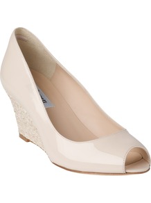 Zelita Patent Peep Toe Wedges - predominant colour: ivory; occasions: evening, work, occasion; material: leather; heel height: high; heel: wedge; toe: open toe/peeptoe; style: courts; finish: plain; pattern: plain