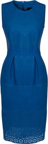 Lucille Leather Dress, Truest Blue - style: shift; neckline: round neck; fit: tailored/fitted; pattern: plain; sleeve style: sleeveless; waist detail: structured pleats at waist; predominant colour: royal blue; occasions: evening, occasion; length: on the knee; fibres: leather - 100%; sleeve length: sleeveless; texture group: leather; trends: glamorous day shifts; pattern type: fabric