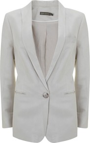 Boyfriend Blazer, Stone - pattern: plain; style: single breasted blazer; shoulder detail: shoulder pads; bust detail: added detail/embellishment at bust; collar: shawl/waterfall; length: below the bottom; predominant colour: ivory; occasions: evening, work, occasion, holiday; fit: tailored/fitted; fibres: linen - mix; waist detail: fitted waist; back detail: back vent/flap at back; sleeve length: long sleeve; sleeve style: standard; texture group: linen; collar break: low/open; pattern type: fabric