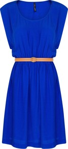 Embossed Belt Dress - length: mid thigh; sleeve style: capped; fit: fitted at waist; pattern: plain; style: sundress; waist detail: belted waist/tie at waist/drawstring; bust detail: ruching/gathering/draping/layers/pintuck pleats at bust; predominant colour: royal blue; secondary colour: nude; occasions: casual, evening, holiday; neckline: scoop; fibres: viscose/rayon - 100%; hip detail: soft pleats at hip/draping at hip/flared at hip; shoulder detail: flat/draping pleats/ruching/gathering at shoulder; sleeve length: sleeveless; trends: volume; pattern type: fabric; texture group: jersey - stretchy/drapey