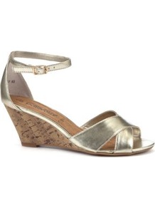 Gold Ankle Strap Low Wedges - predominant colour: gold; occasions: evening, holiday; material: faux leather; heel height: mid; ankle detail: ankle strap; heel: wedge; toe: open toe/peeptoe; style: standard; trends: metallics; finish: metallic; pattern: plain