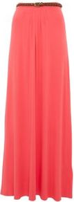 Coral Jersey Belted Maxi Skirt - pattern: plain; fit: loose/voluminous; waist detail: belted waist/tie at waist/drawstring; waist: mid/regular rise; predominant colour: coral; occasions: casual, occasion, holiday; length: floor length; style: maxi skirt; fibres: viscose/rayon - stretch; trends: fluorescent; pattern type: fabric; pattern size: standard; texture group: jersey - stretchy/drapey