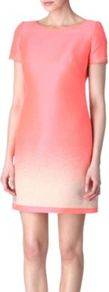 Reva Shift Dress - style: shift; length: mid thigh; secondary colour: white; predominant colour: pink; occasions: evening, occasion; fit: body skimming; fibres: cotton - stretch; neckline: crew; sleeve length: short sleeve; sleeve style: standard; texture group: structured shiny - satin/tafetta/silk etc.; pattern type: fabric; pattern size: standard; pattern: colourblock