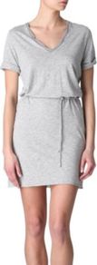 Jacksonville Dress - style: t-shirt; length: mid thigh; neckline: low v-neck; pattern: plain; waist detail: belted waist/tie at waist/drawstring; predominant colour: mid grey; occasions: casual, holiday; fit: body skimming; fibres: cotton - mix; sleeve length: short sleeve; sleeve style: standard; pattern type: fabric; texture group: jersey - stretchy/drapey