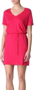 Jacksonville Dress - style: t-shirt; length: mid thigh; neckline: v-neck; pattern: plain; waist detail: belted waist/tie at waist/drawstring; predominant colour: pink; occasions: casual, holiday; fit: body skimming; fibres: cotton - mix; sleeve length: short sleeve; sleeve style: standard; pattern type: fabric; texture group: jersey - stretchy/drapey