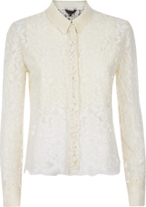 Lace Cropped Blouse - neckline: shirt collar/peter pan/zip with opening; style: shirt; bust detail: ruching/gathering/draping/layers/pintuck pleats at bust; predominant colour: ivory; occasions: evening, work, occasion; length: standard; fit: tailored/fitted; sleeve length: long sleeve; sleeve style: standard; texture group: lace; pattern type: fabric; pattern size: small & light; pattern: patterned/print; fibres: viscose/rayon - mix; embellishment: lace