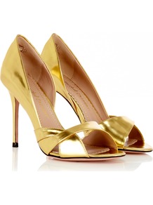 Calypso Shoe - predominant colour: gold; occasions: evening, occasion; material: leather; heel height: high; heel: stiletto; toe: open toe/peeptoe; style: courts; trends: metallics; finish: metallic; pattern: plain