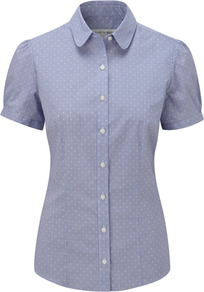 Navy Spot Stripe Shirt - neckline: shirt collar/peter pan/zip with opening; sleeve style: puffed; style: shirt; pattern: polka dot; predominant colour: denim; occasions: work; length: standard; fibres: cotton - 100%; fit: tailored/fitted; sleeve length: short sleeve; texture group: cotton feel fabrics; pattern type: fabric; pattern size: standard