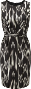 Ar Red Black Silk Print Dress - style: shift; fit: tailored/fitted; sleeve style: sleeveless; waist detail: belted waist/tie at waist/drawstring; predominant colour: black; occasions: evening, occasion; length: just above the knee; fibres: silk - 100%; neckline: crew; sleeve length: sleeveless; texture group: silky - light; pattern type: fabric; pattern size: standard; pattern: patterned/print