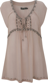 Honey Beaded Tunic - pattern: plain; bust detail: added detail/embellishment at bust; length: below the bottom; style: tunic; secondary colour: blush; predominant colour: nude; occasions: casual, holiday; neckline: scoop; fibres: viscose/rayon - 100%; fit: loose; sleeve length: short sleeve; sleeve style: standard; texture group: sheer fabrics/chiffon/organza etc.; pattern type: fabric; embellishment: beading