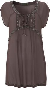 Mocha Beaded Tunic - pattern: plain; bust detail: added detail/embellishment at bust; length: below the bottom; style: tunic; predominant colour: chocolate brown; occasions: casual, holiday; neckline: scoop; fibres: viscose/rayon - 100%; fit: loose; sleeve length: short sleeve; sleeve style: standard; texture group: sheer fabrics/chiffon/organza etc.; pattern type: fabric; embellishment: beading