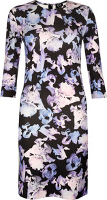 Purple Iris Print Jersey Dress - style: shift; fit: tailored/fitted; waist detail: fitted waist; secondary colour: purple; predominant colour: black; occasions: evening, occasion; length: just above the knee; fibres: viscose/rayon - stretch; neckline: crew; sleeve length: 3/4 length; sleeve style: standard; texture group: jersey - clingy; pattern type: fabric; pattern size: big & busy; pattern: florals