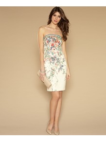 Chatsworth Dress - style: shift; neckline: strapless (straight/sweetheart); fit: tailored/fitted; sleeve style: strapless; bust detail: added detail/embellishment at bust; waist detail: fitted waist; predominant colour: ivory; secondary colour: sage; occasions: evening, occasion; length: just above the knee; fibres: cotton - stretch; sleeve length: sleeveless; texture group: cotton feel fabrics; pattern type: fabric; pattern size: small & busy; pattern: florals